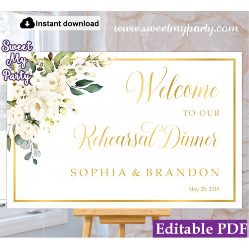 Ivory Flowers Rehearsal Dinner welcome sign template,Rehearsal Dinner welcome sign,(123a)